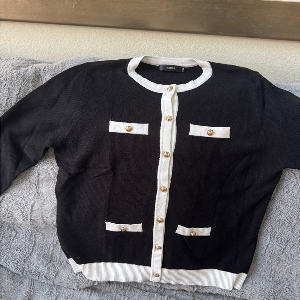 Black Cardigan with White Trim and Gold Accents